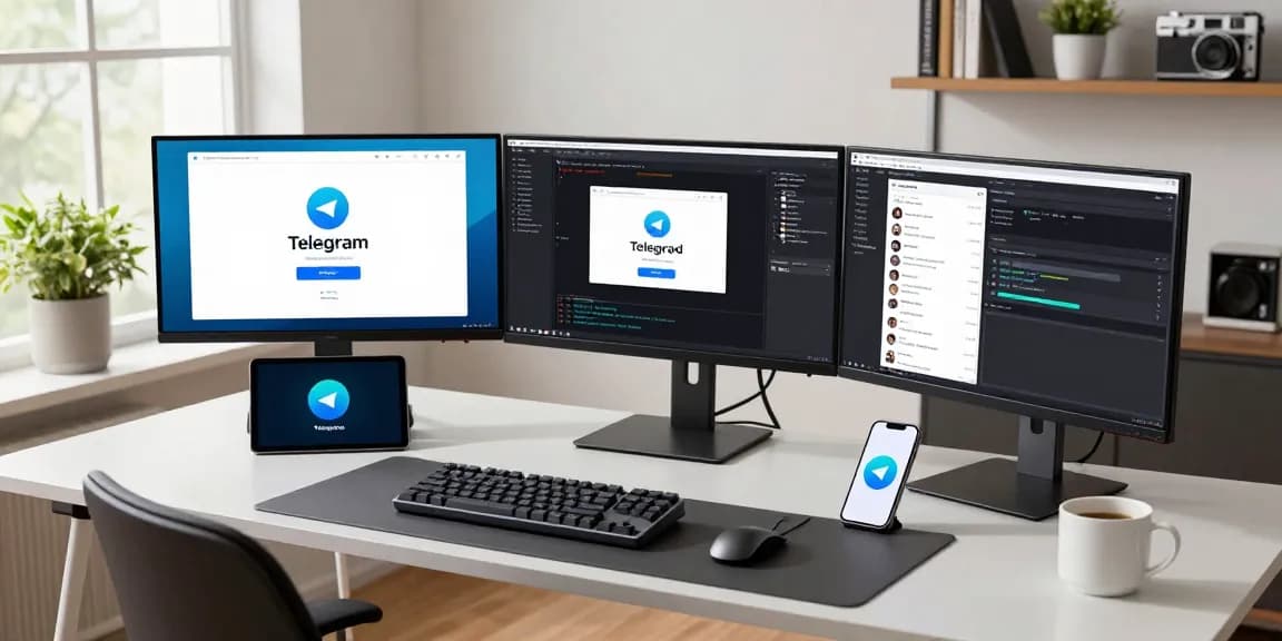 Developer engaged in Telegram Download on multiple screens in a modern tech workspace.