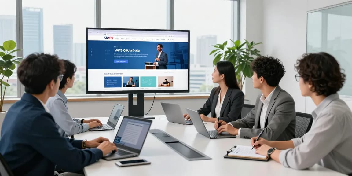 Team collaborating around the WPS Official Website on a large screen in a modern office.