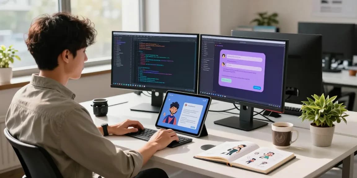 Crushon developer engaged in creating interactive AI chat experiences in a vibrant tech workspace.