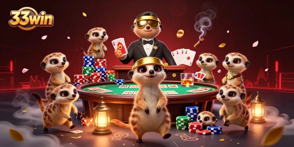 Engage in thrilling poker action at 33win with dynamic meerkat characters and vibrant casino elements.