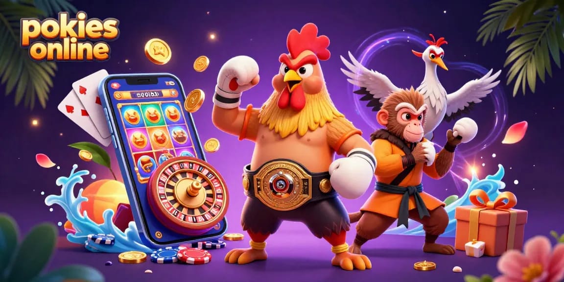 Spin colorful pokies online with an action-packed 3D cartoon scene featuring unique characters and vibrant gaming elements.