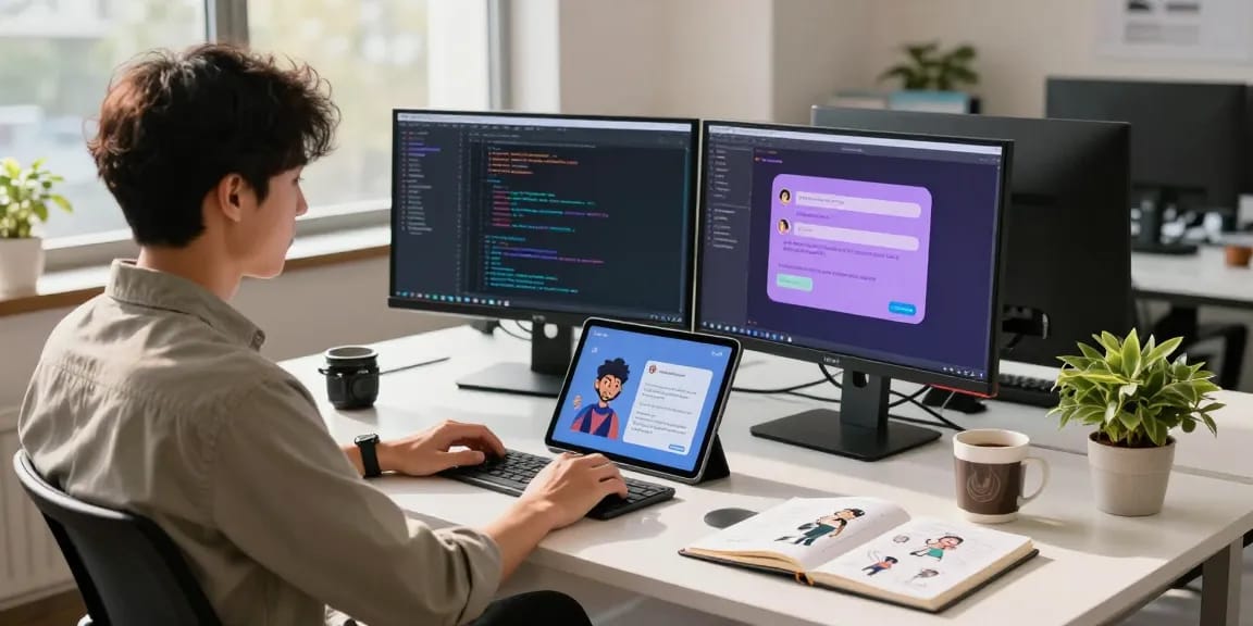 Crushon developer engaged in creating interactive AI chat experiences in a vibrant tech workspace.