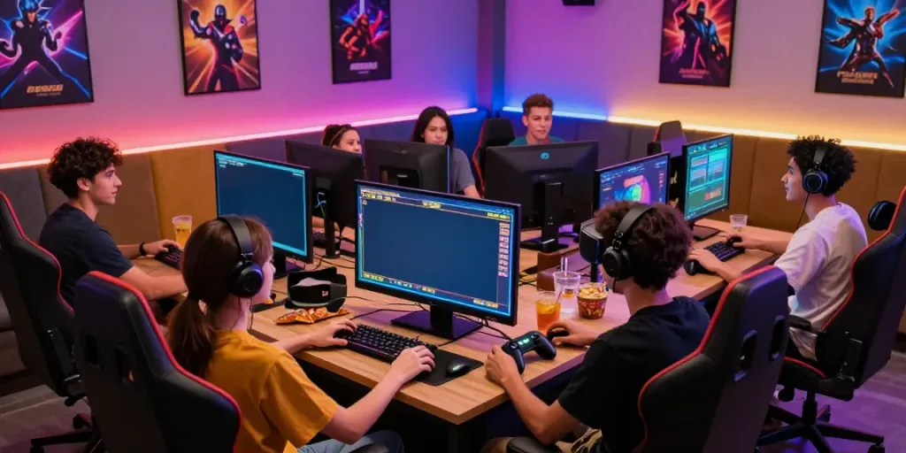 Group enjoying rokok88 slot game in a vibrant gaming lounge.