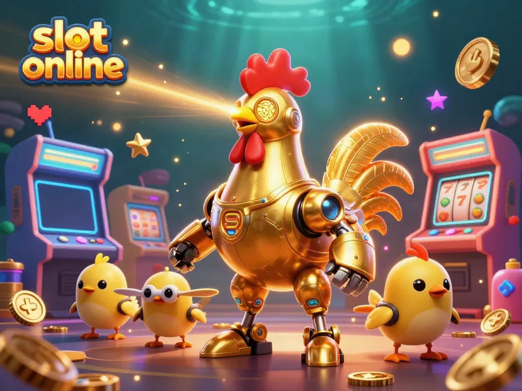 Experience the thrill of slot online action with a futuristic golden rooster robot amidst dazzling game elements.