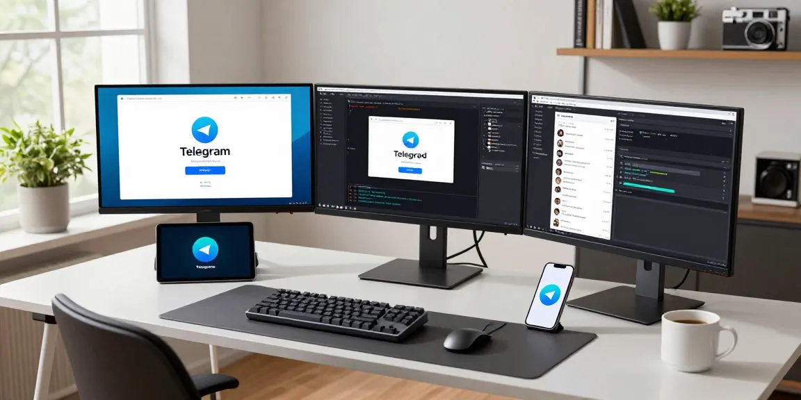 Developer engaged in Telegram Download on multiple screens in a modern tech workspace.