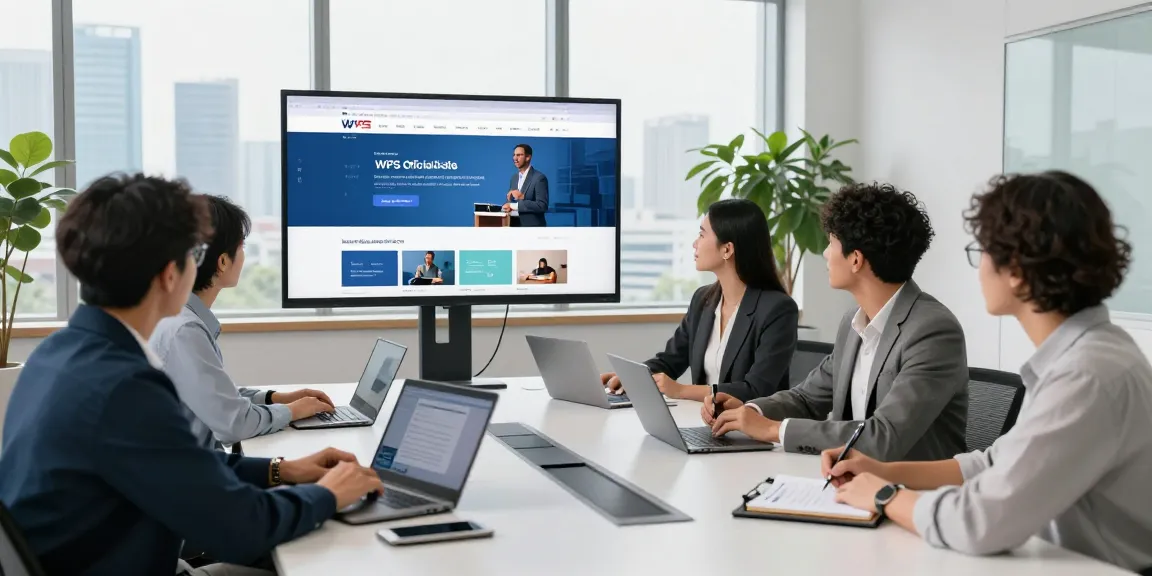 Team collaborating around the WPS Official Website on a large screen in a modern office.