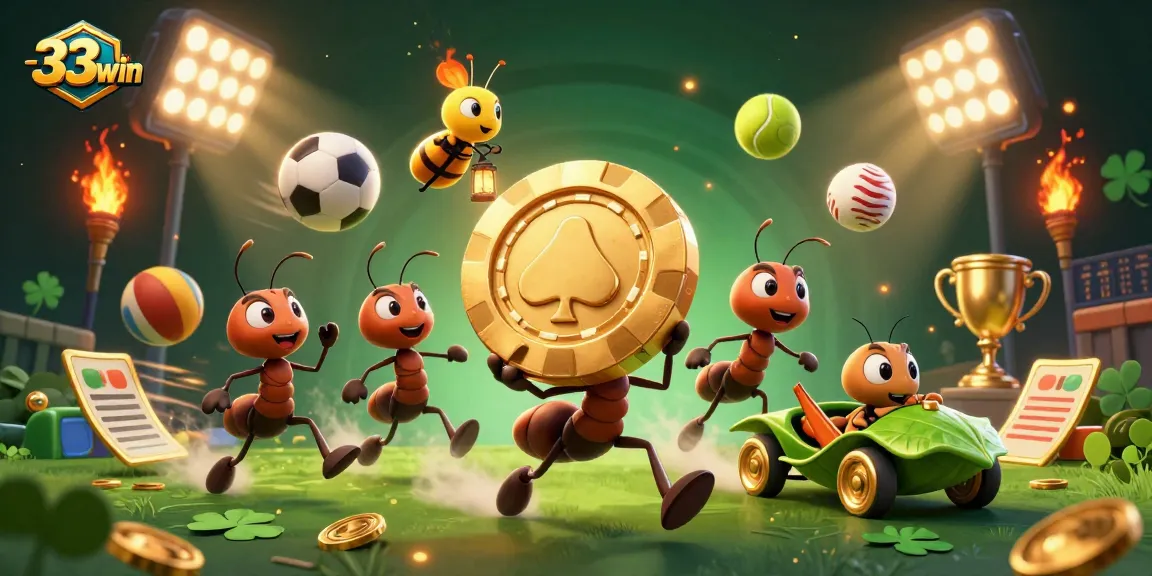 33win team of ants in a casino heist scene with a golden poker chip and dynamic sports elements.
