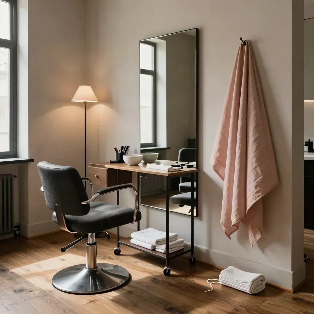 Tom salongsstation med spegel, rullvagn och blush cape i varmt kvällsljus