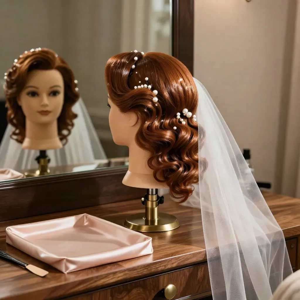 Bridal stylingstation med mjuka vågor, slöjställning, pärlclips och satinband i varmt ljus