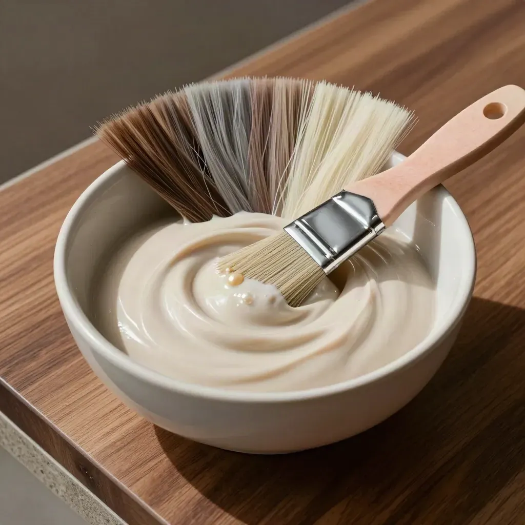 Färgskål, tintbrush och swatchring i dramatisk närbild på salongsarbetsyta.