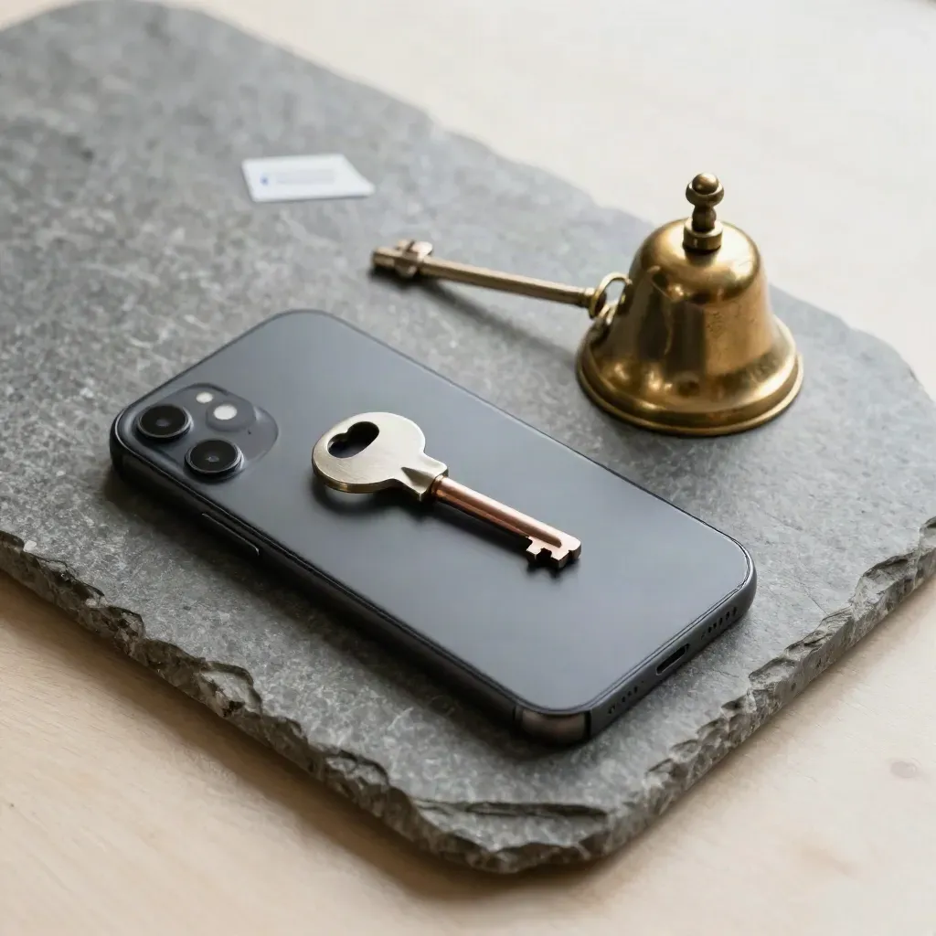 Mörk smartphone, brassklocka och nyckel på en stenplatta i mjukt sidoljus.