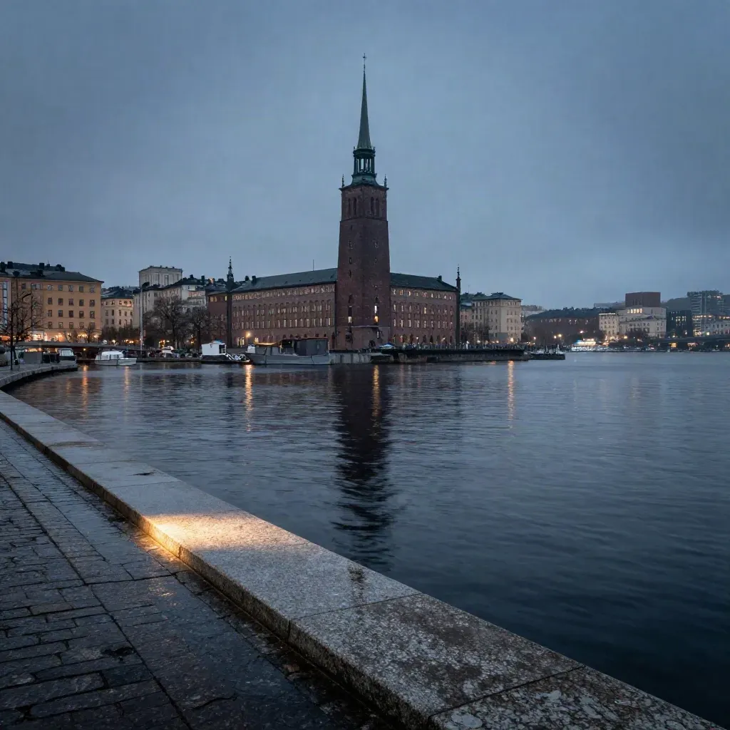 Stockholms stadshus över mörkt vatten i blå timme efter regn, med lugn stenförgrund.
