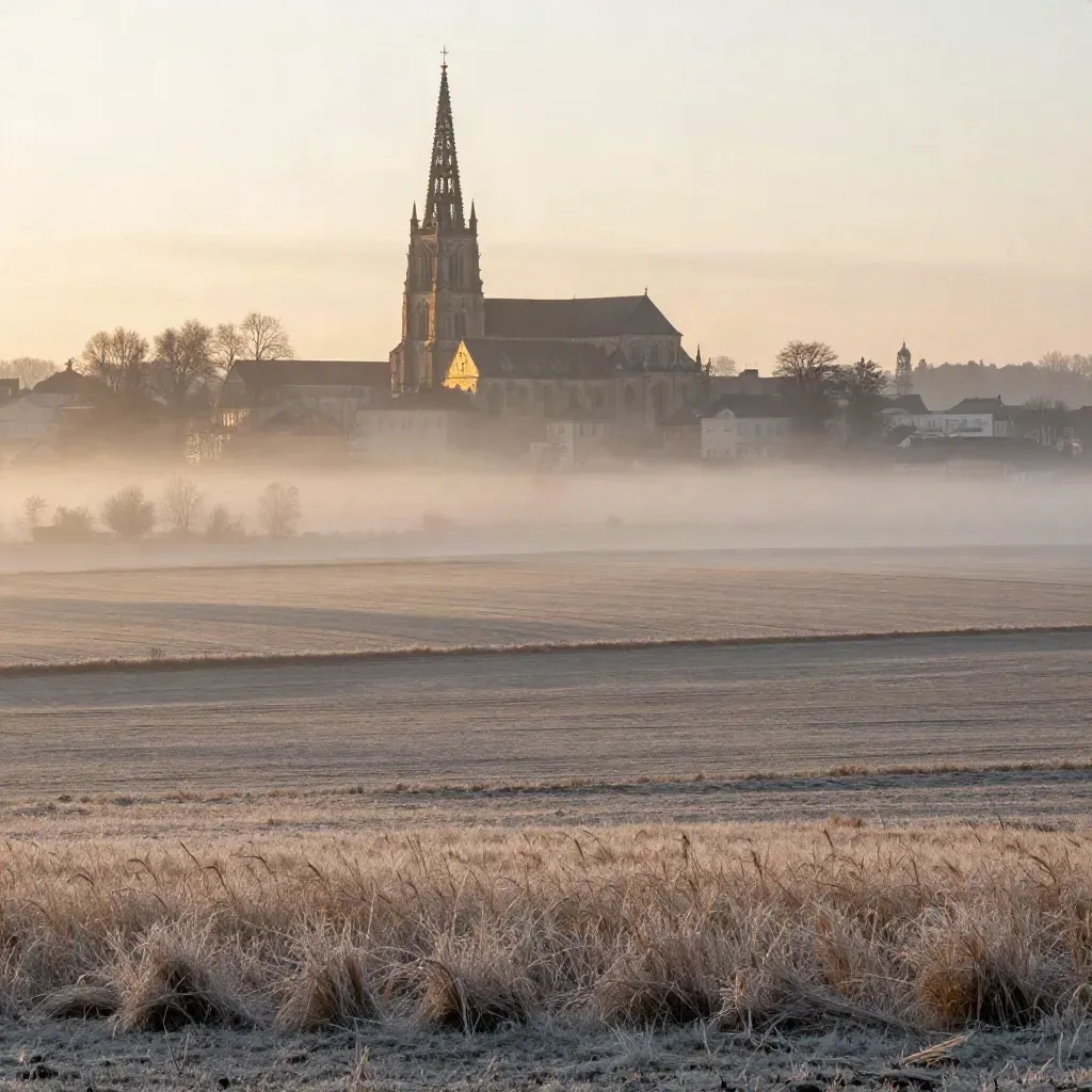 Uppsala domkyrka över dimmig Mälardalsbygd i gyllene morgonljus