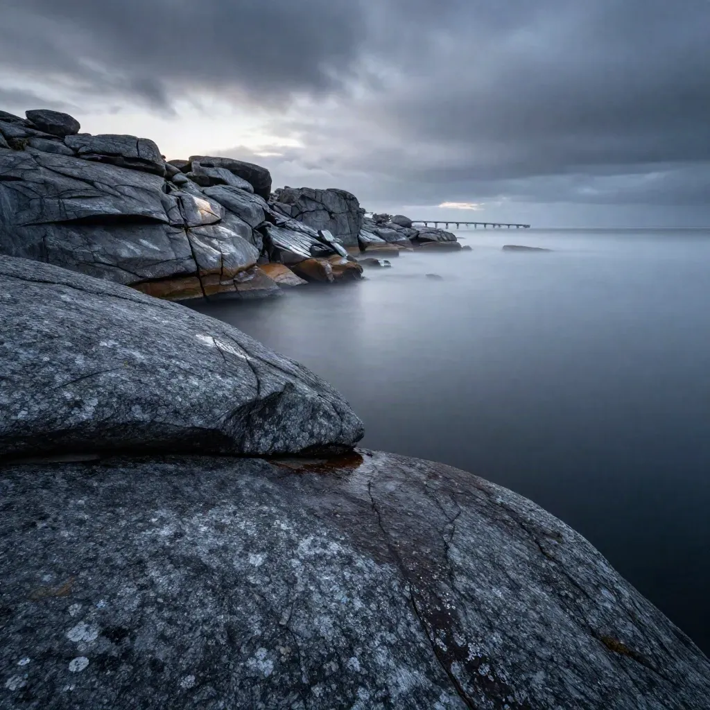 Bohusläns granitklippor, avlägsen bro och mörkt hav i kvällsdimma