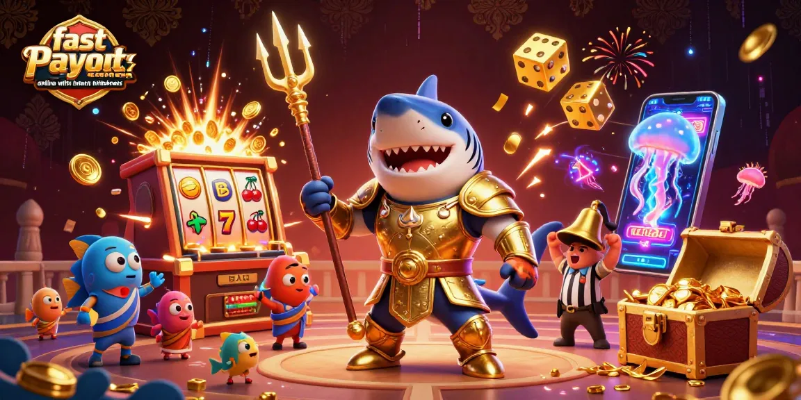 Engage with fast payout casinos online with instant withdrawals, featuring an energetic 3D casino scene.