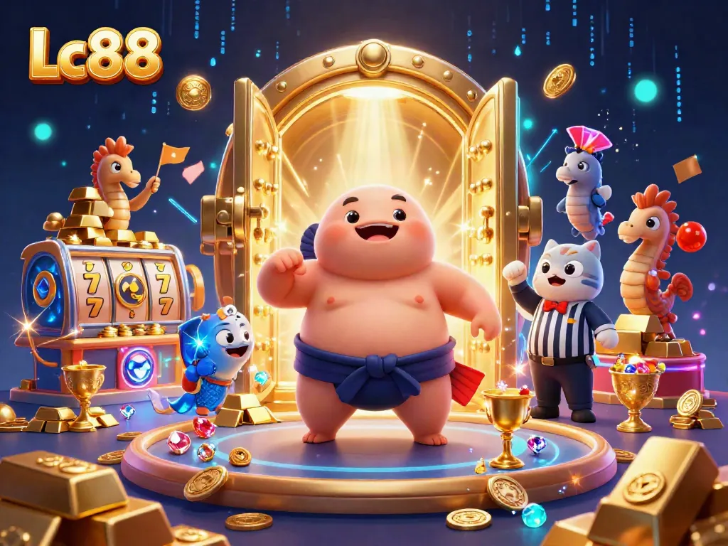 Engage with Lc88's vibrant underwater casino world, featuring a fugu champion, treasures, and joyous seahorse fans.