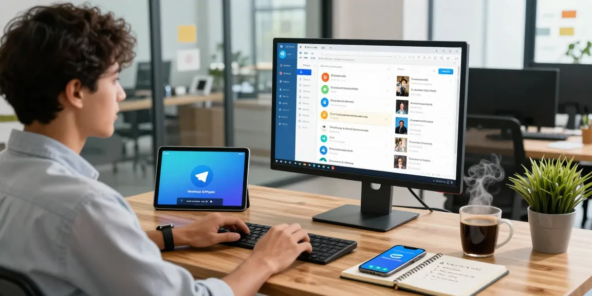 Download Telegram effortlessly in a modern workspace with a professional using the app on multiple devices.
