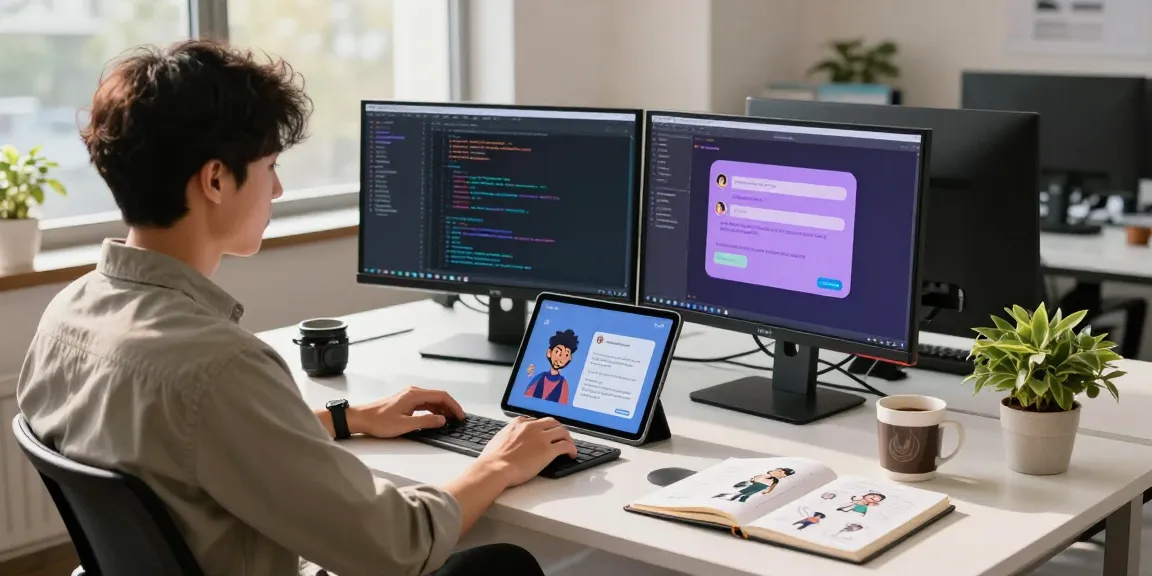 Crushon developer engaged in creating interactive AI chat experiences in a vibrant tech workspace.