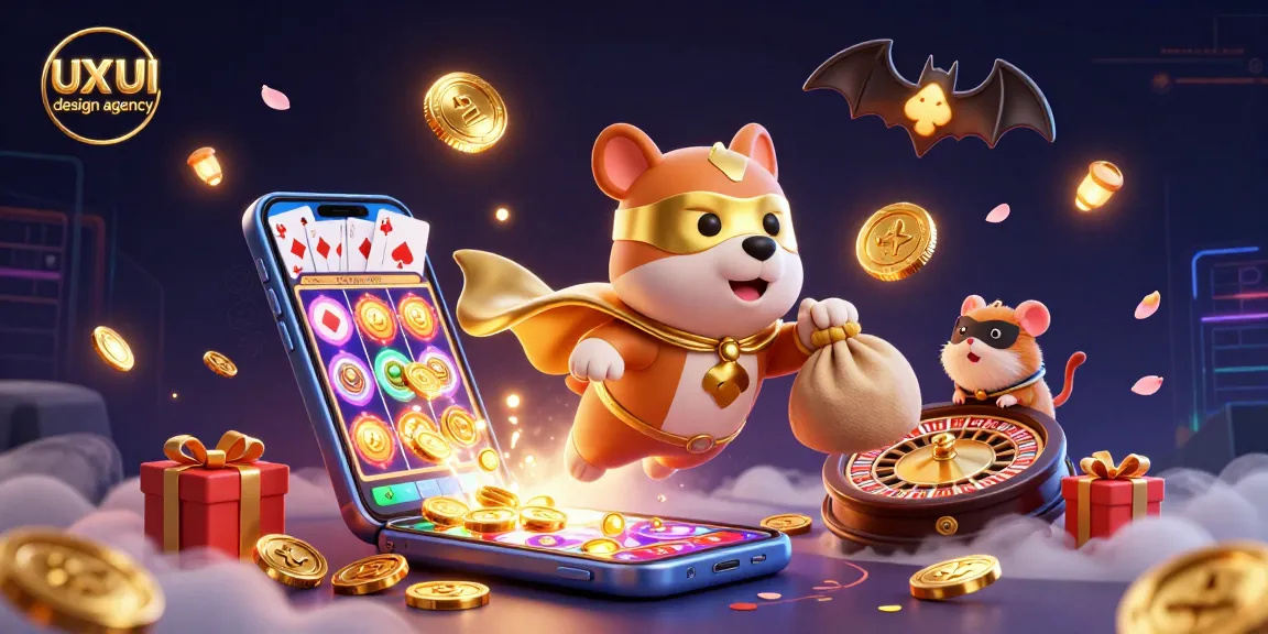 Engage as a UX/UI design agency with this playful casino-themed scene featuring a superhero dog flying amidst slot games and coins.